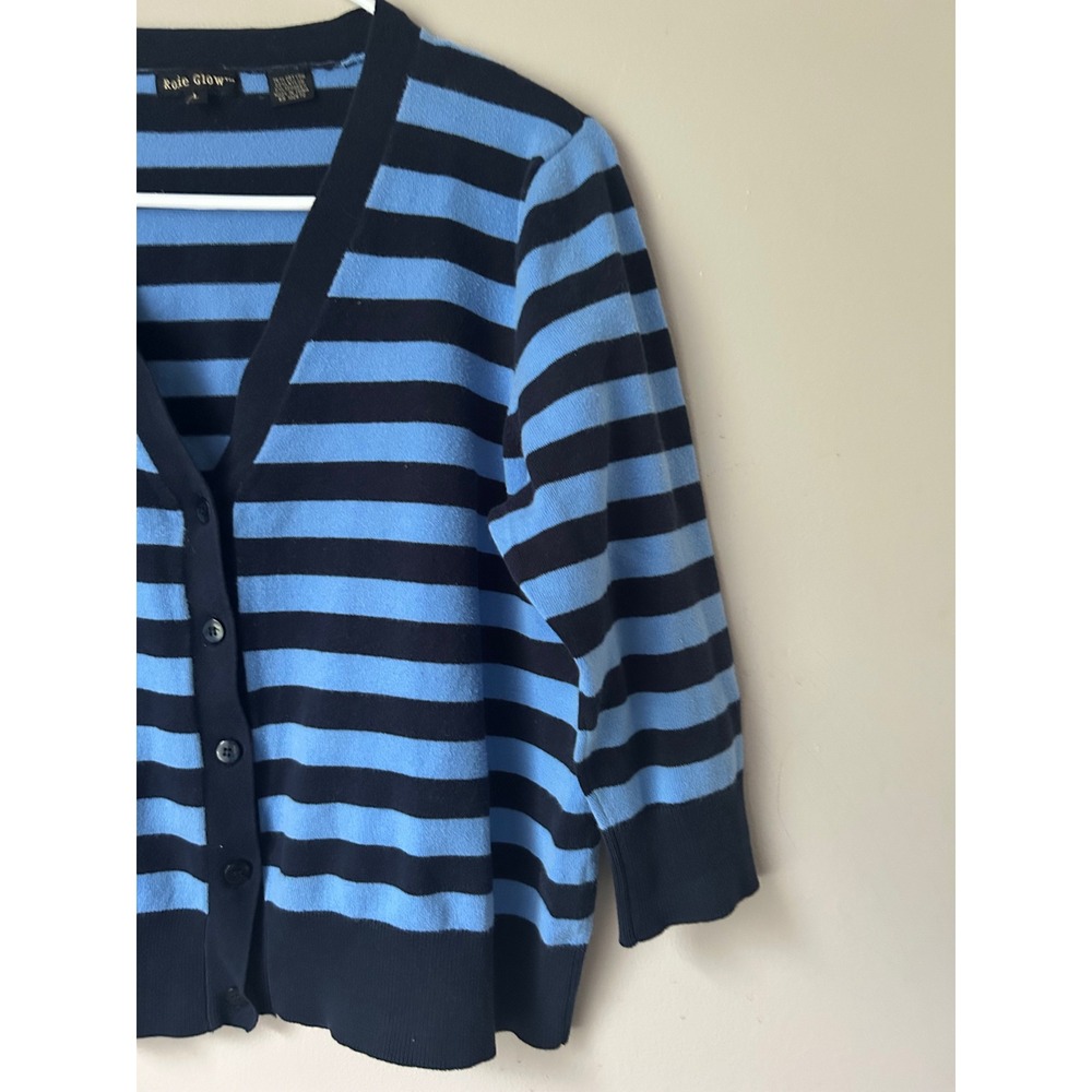 Y2K  Women's Striped V-Neck 3/4 Sleeve Button Front Cardigan Blue Black Normcore - Picture 2 of 5